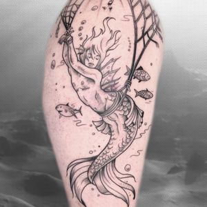 Explore the depths with this intricate dotwork tattoo featuring a sea, fish, shark, triton, and merman. By the talented artist Drip Skull.