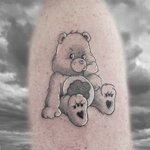 Unique dotwork and fine line illustrative tattoo featuring a bear and care bears, by Galen Bryce (aka Drip Skull).