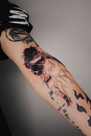 Get a stunning fine line illustrative tattoo of Naruto and Sasuke by tattoo artist Floy Perez.