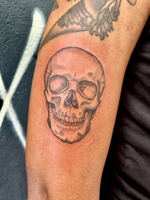 Experience the intricate beauty of dotwork and fine line techniques in this illustrative skull tattoo by artist Claudia Whiteheart.