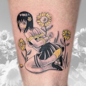 Stunning anime dotwork tattoo by Galen Bryce, featuring a girl with sunflowers, intricately detailed in fine line style.