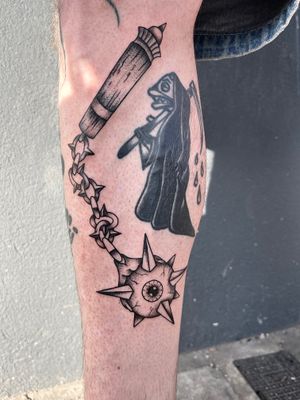 Get mesmerized by this intricate dotwork tattoo featuring a sinister flail and haunting eye motif, expertly done by the talented artist Claudia Whiteheart.