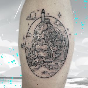 Experience the intricate beauty of dotwork and fine line style depicting a lighthouse, statue, and saintess on your calf. By talented artist Galen Bryce.