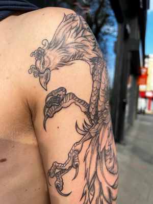 Capture the spirit of rebirth with this stunning dotwork tattoo of a phoenix by Claudia Whiteheart. Illustrative design.