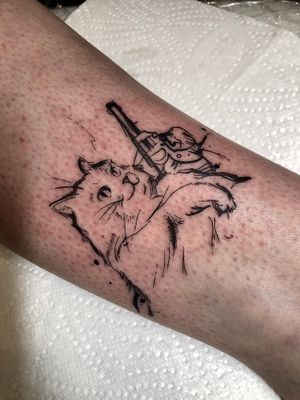 Illustrative tattoo by Claudia Whiteheart featuring a cat and gun in fine line sketch style.