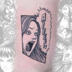 Vibrant anime style tattoo featuring a powerful woman screaming, designed by Galen Bryce (aka Drip Skull).