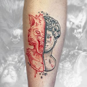 Unique dotwork and fine line illustrative tattoo by Galen Bryce (aka Drip Skull). Featuring a fierce werewolf in red ink.
