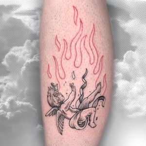 Exquisite fine line angelic cherub surrounded by flames, by tattoo artist Galen Bryce.