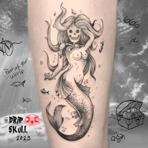 Unique dotwork and fine line tattoo featuring a terrifying sea skull motif, exquisitely illustrated by Galen Bryce (aka Drip Skull).
