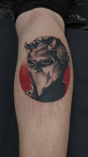 Get inked with this striking devil design by Luca Salzano, perfect for your knee. Embrace the dark side in style.