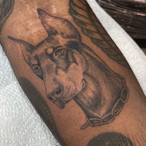 Capture the fierce loyalty of a Dobermann with this stunning black and gray tattoo by Letitia Mortimer.