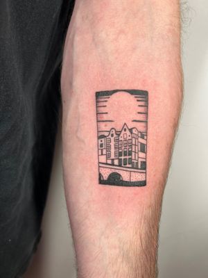 Capture the beauty of a sunset with unique illustrative architecture in this stunning tattoo by Jonathan Glick.