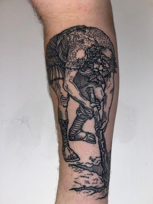 Get a unique illustrative tattoo of an old man in engraving style by the talented artist Lamat. Perfect for lovers of vintage and woodcut designs.