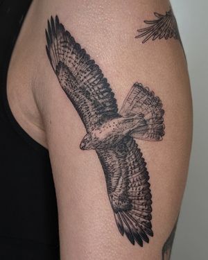 Unique blackwork and dotwork design by Alien Ink featuring a powerful illustrative eagle motif.