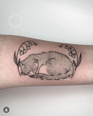 Machine + Stick and Poke Sleeping Cat with Lily of the Valley Tattoo by Pokeyhontas - KTREW Tattoo, Birmingham UK #cattattoos #stickandpoketattoo #machineandstickandpoke #forearmtattoo #cat #lilyofthevalley