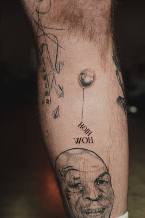 Get a unique dotwork and fine line tattoo featuring a balloon flying high with the words 'how'. Created by the talented artist Seven.