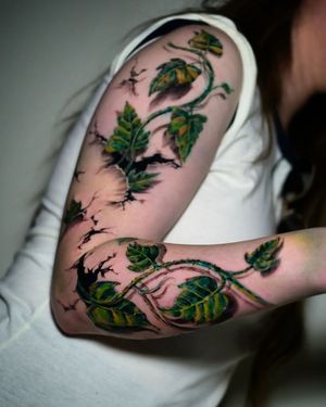 leaves comes out the wall 3d color effect tattoo