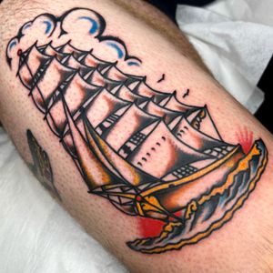 Sail the high seas with this stunning traditional tattoo by artist Alessandro Lanzafame. Featuring a classic pirate ship motif, this design is perfect for any adventure seeker.