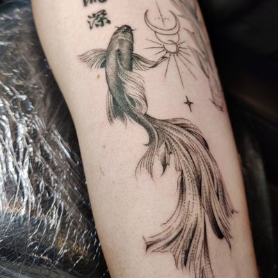 Get a stunning fine line illustrative tattoo of a beta fish by the talented artist Mary Shalla.