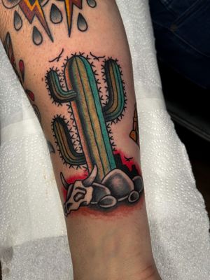 Barney Coles brings bold colors and sharp lines to create a striking traditional tattoo featuring a skull and cactus motif. A perfect fusion of edgy and classic.