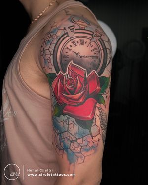 Color Half Sleeve Tattoo with Rose and Clock made by Nehal Chettri at Circle Tattoo Delhi