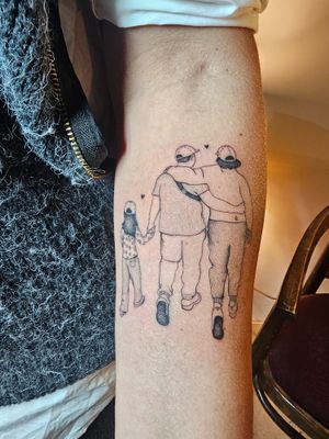Unique dotwork and fine line illustrative tattoo design capturing the essence of family in elegant outline style by talented artist Katia Barria.