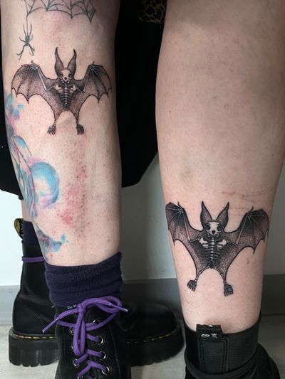 Unique dotwork style tattoo of a skeletal bat, created by artist Liam Collins.