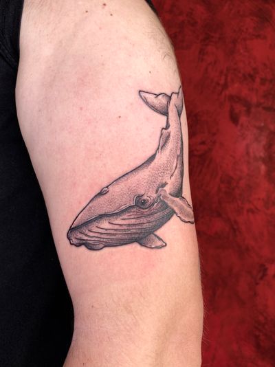 Get an intricately detailed dotwork whale tattoo by talented artist Liam Collins. A unique and stunning addition to your body art collection.
