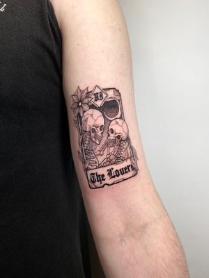 Unique dotwork style tattoo by Liam Collins featuring an illustrative interpretation of The Lovers tarot card with a skeleton motif.