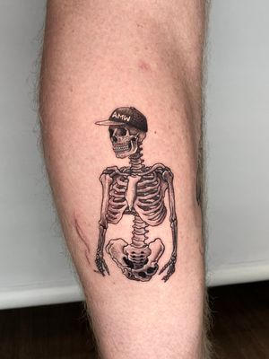 Get a unique dotwork skeleton tattoo from the talented artist Liam Collins, showcasing intricate illustrative details.
