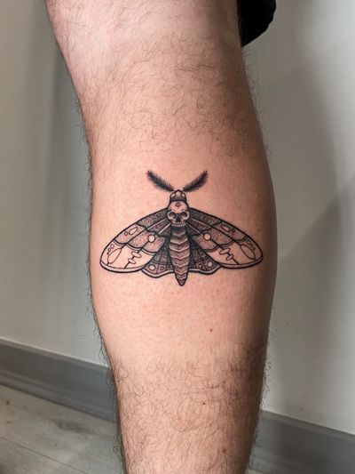 Illustrative tattoo featuring a moth and skull in intricate dotwork style by Liam Collins.