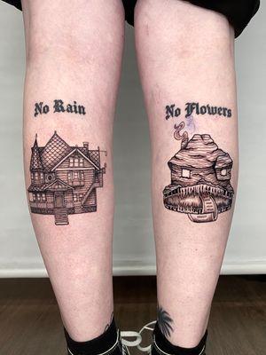 Unique illustrative tattoo by Liam Collins featuring a house and a monster in intricate dotwork style.