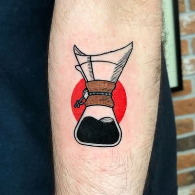 Get your caffeine fix with this unique coffee and moica v30 tattoo by artist Liam Collins. Perfect for coffee lovers!
