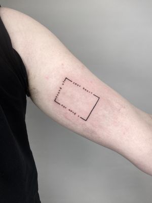 Fine line geometric tattoo with small lettering saying 'i know the sound of your heart' encased in a frame, beautifully designed by Liam Collins.