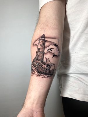 Experience the beauty of dotwork illustration in this intricate piece by artist Liam Collins. A stunning lighthouse scene with a dedicated fisherman.