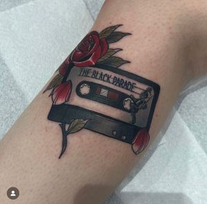 Unique shin tattoo by Katy Sarsfield inspired by Chemical Romance's 'The Black Parade'