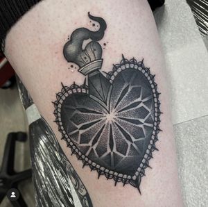 Experience a unique fusion of dotwork, geometric, and neo-traditional styles in this stunning tattoo design by acclaimed artist Katy Sarsfield.