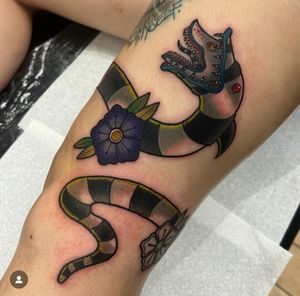 Unique neo traditional snake design on thigh by talented artist Katy Sarsfield.