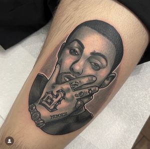Get an illustrative black and gray tattoo of Mac Miller, capturing his love for music, by artist Katy Sarsfield.