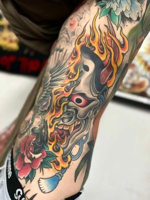 Experience the fierce beauty of a traditional Japanese Hannya tattoo by Gianluca Fusco. Embrace the rich history and symbolism of this iconic motif.