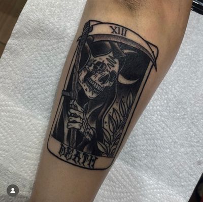 Illustrative tattoo by Katy Sarsfield featuring a chilling reaper design inspired by tarot cards.