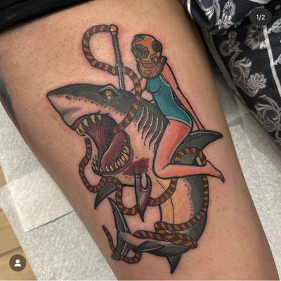 Capture the thrill of the deep sea with this stunning thigh piece by Katy Sarsfield. Bold colors and intricate details collide in this unique design.