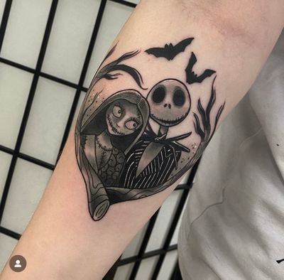 Illustrative tattoo featuring Jack Skellington and Sally from Nightmare Before Christmas, created by Katy Sarsfield.