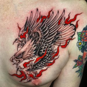Get a bold and timeless traditional eagle tattoo done by the talented artist Gianluca Fusco. Perfect for those looking for a classic and powerful design.
