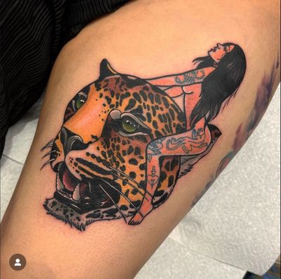 Capture the beauty and power of a leopard in this stunning neo-traditional tattoo by Katy Sarsfield.