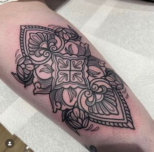 Elegant ornamental mandala design by tattoo artist Katy Sarsfield. Perfect for arm placement.