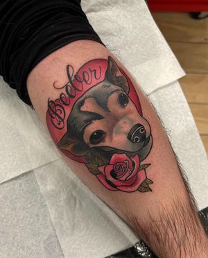 Beautiful neo-traditional dog portrait tattoo on calf by Katy Sarsfield, capturing the love for your furry friend.