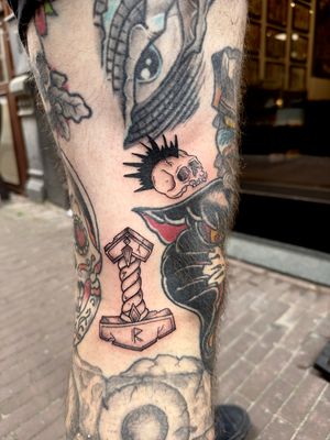 Punk skull and thor's hammer by La Dorada Tattoo