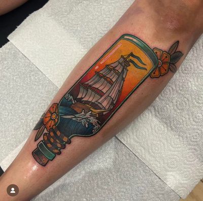 Get inked on your shin with this intricately detailed design by Katy Sarsfield. A unique combination of classic and contemporary elements.