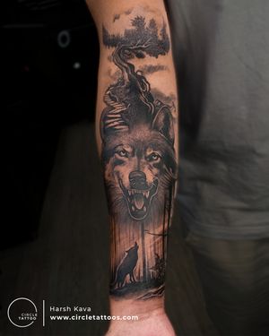 Half Sleeve Wolf and Wildernes Tattoo made by Harsh Kava at Circle Tattoo India
